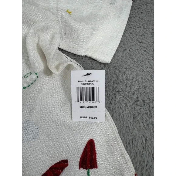 Malibu Shirt Mens Medium Ecru Button Up Lightweight Embroidered Butterflies Life - Picture 3 of 11